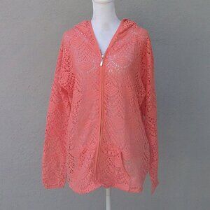 Charlie Paige Womens Jacket Size L-XL Open Weave Melon-Peach Hooded Zipper